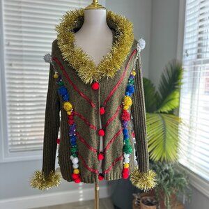 Upcycled RIDICULOUS & UGLIEST CHRISTMAS HOLIDAY Shawl Collar Sweater - Sz L
